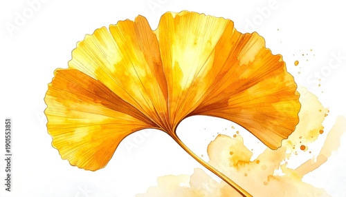 Golden, fan-shaped leaf in watercolor style against a white backdrop with complementary color splashes