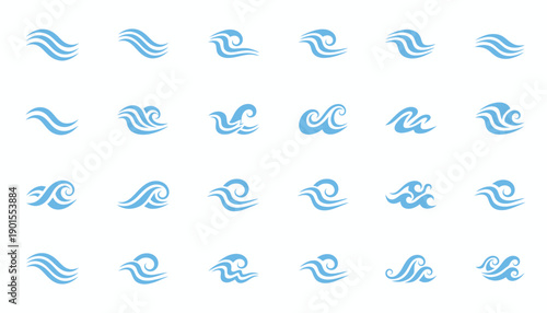 Collection of blue wave abstract shapes on white background.