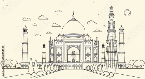 Taj Mahal and Qutub Minar line art illustration. Famous Indian historical monuments and travel landmarks. Minimalist vector drawing of India's iconic architecture.