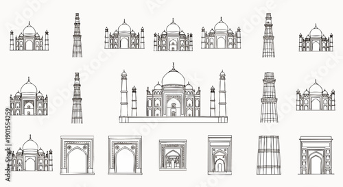 Collection of iconic Indian architectural landmarks, featuring the Taj Mahal, Qutub Minar, and various Mughal gates in a minimalist line art style, perfect for travel and cultural designs.