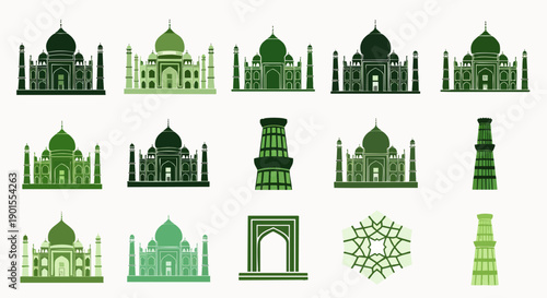 Vector icon set of famous Indian architectural landmarks like Taj Mahal and Qutub Minar in green flat design, ideal for travel and cultural projects.