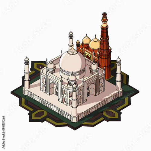 Stylized isometric vector art featuring the majestic Taj Mahal and historic Qutub Minar, symbolizing India's rich heritage and popular tourist destinations.