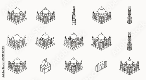 Isometric line art icon set featuring famous Indian landmarks, including the majestic Taj Mahal and historic Qutub Minar, minimalist vector illustrations.