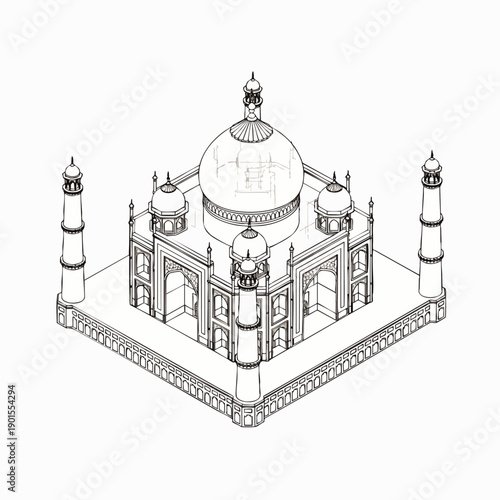 Architectural isometric line drawing of the famous Taj Mahal, a beautiful mausoleum in India, representing love, history, and intricate design.