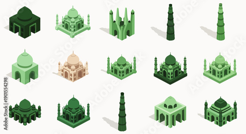 Isometric vector illustration set of famous Indian architectural landmarks, including Taj Mahal, mosques, and Qutub Minar, in a flat design style.