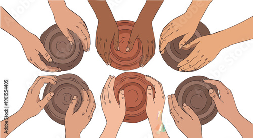 Hands shaping clay pots together.