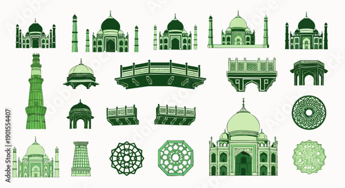 Set of green vector illustrations showcasing famous Indian architectural heritage, including the Taj Mahal, Qutub Minar, and traditional patterns.