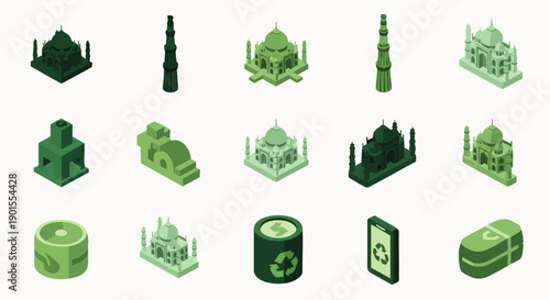 Isometric icons of famous Indian landmarks like Taj Mahal and Qutub Minar, alongside sustainability and recycling symbols, in a vibrant green palette.