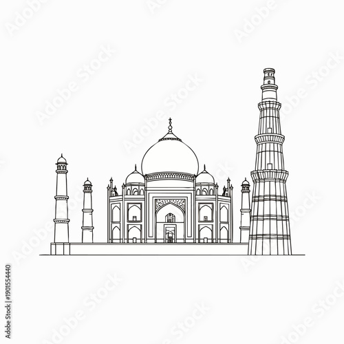 Minimalist black and white outline illustration of two iconic Indian landmarks, the Taj Mahal and Qutub Minar, representing travel, culture, and architecture.