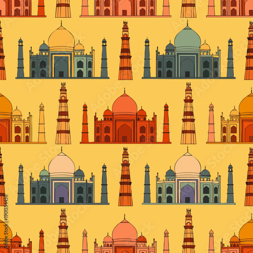 Seamless pattern with iconic Indian landmarks like Taj Mahal and Qutub Minar in a colorful flat vector style, perfect for travel, culture, and design projects.