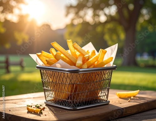 Golden fried potatoes in a wire basket on wooden table, park scene at sunset
