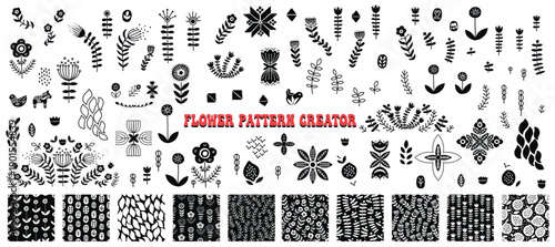 Floral Pattern Collection: A collection of various flower patterns, stems, and design elements arranged on display. Showcasing a variety of intricate designs for graphic and decorative uses. 