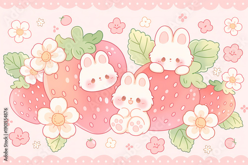 Cute Kawaii Bunnies and Strawberries with Flowers Illustration