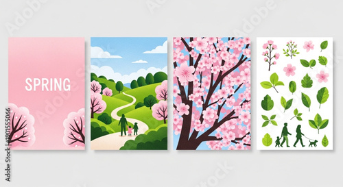 A collection of charming spring-themed illustrations depicting blooming cherry blossoms, lush green landscapes, and people enjoying outdoor activities, perfect for seasonal promotions and designs