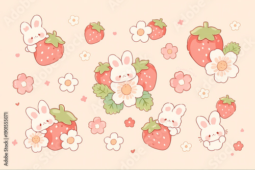 Cute Kawaii Bunnies and Strawberries with Flowers Illustration