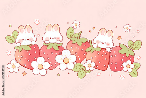 Cute Kawaii Bunnies and Strawberries with Flowers Illustration