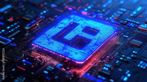 Microchip with glowing blue circuitry.