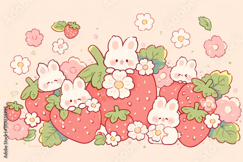 Cute Kawaii Bunnies and Strawberries with Flowers Illustration