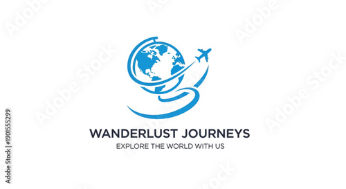 Wanderlust Journeys travel company logo with globe and airplane.