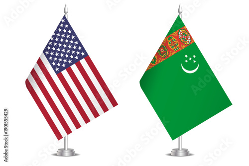 Flags of United States and Turkmenistan. The concept of partnership and joint action. Symbol of partnership, cooperation, international collaboration, peaceful negotiations, alliance, bilateral