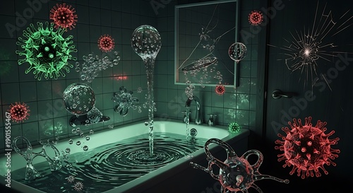 Microscopic Viruses in Dark Bathroom Environment.