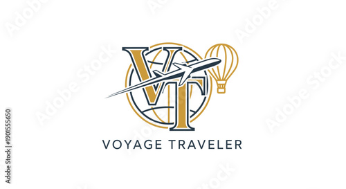 Voyage Traveler Logo with Airplane and Globe Design Elements.