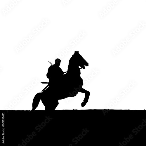 Minimalist stallion rearing silhouette with cloaked swordsman, scimitar high, solid black icon, centered composition for crest or seal.