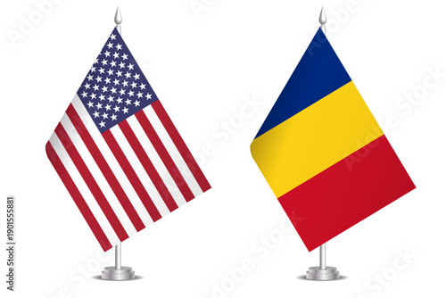 Flags of United States and Romania. The concept of partnership and joint action. Symbol of partnership, cooperation, international collaboration, peaceful negotiations, alliance, bilateral