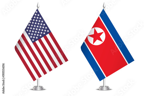 Flags of United States and North Korea. The concept of partnership and joint action. Symbol of partnership, cooperation, international collaboration, peaceful negotiations, alliance, bilateral