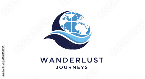 Wanderlust Journeys Logo Design with Globe and Wave Elements.