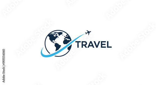 Travel logo with globe and airplane symbolizing journey.