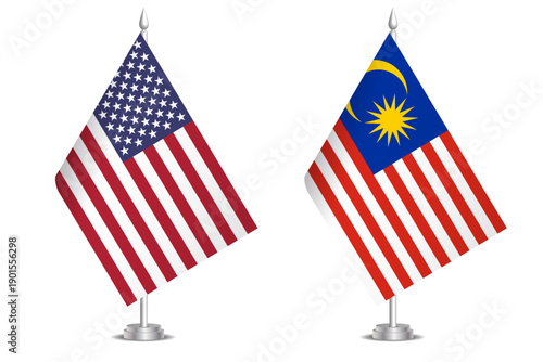 Flags of United States and Malaysia. The concept of partnership and joint action. Symbol of partnership, cooperation, international collaboration, peaceful negotiations, alliance, bilateral