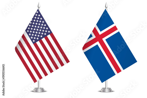 Flags of United States and Iceland. The concept of partnership and joint action. Symbol of partnership, cooperation, international collaboration, peaceful negotiations, alliance, bilateral