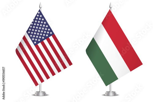 Flags of United States and Hungary. The concept of partnership and joint action. Symbol of partnership, cooperation, international collaboration, peaceful negotiations, alliance, bilateral