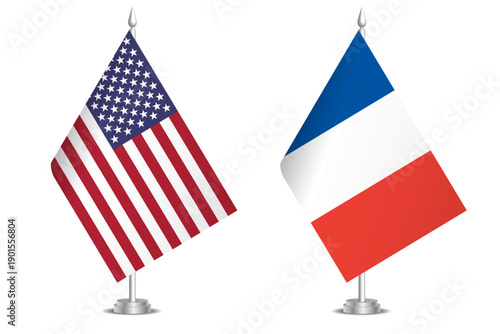 Flags of United States and France. The concept of partnership and joint action. Symbol of partnership, cooperation, international collaboration, peaceful negotiations, alliance, bilateral