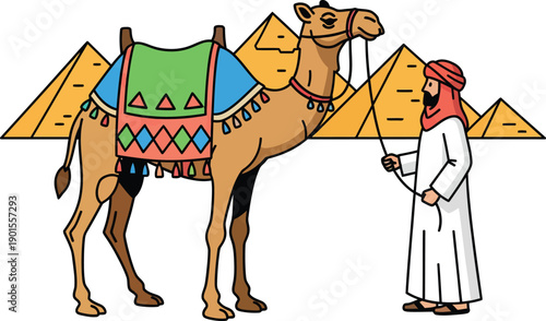 A bearded man in a red keffiyeh and white thobe holding the reins of a decorated dromedary camel.