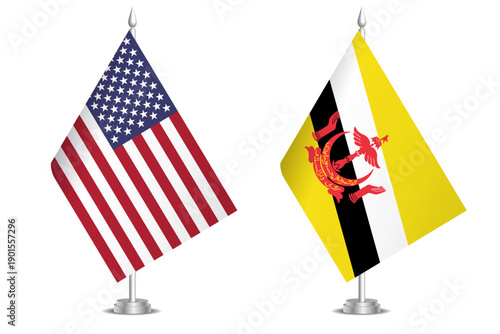 Flags of United States and Brunei. The concept of partnership and joint action. Symbol of partnership, cooperation, international collaboration, peaceful negotiations, alliance, bilateral