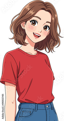A cheerful animestyle young woman with short brown hair wearing a casual red tshirt and smiling.
