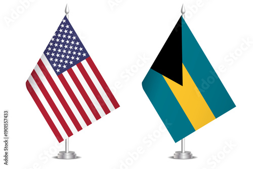 Flags of United States and Bahamas. The concept of partnership and joint action. Symbol of partnership, cooperation, international collaboration, peaceful negotiations, alliance, bilateral