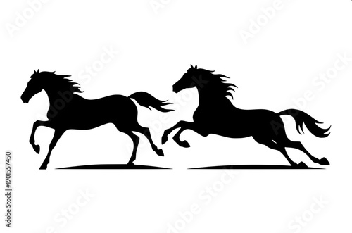 Dynamic action silhouette: horse rearing on hind legs, rider brandishing curved blade, flat monochrome vector, perfect for vinyl cut.
