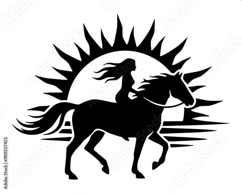 Dynamic action silhouette: horse rearing on hind legs, rider brandishing curved blade, flat monochrome vector, perfect for vinyl cut.