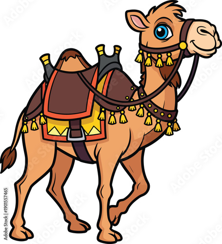 A cute cartoon dromedary camel with big blue eyes and an ornate saddle.