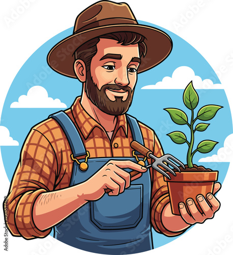 A friendly bearded farmer in a hat and overalls carefully tending to a small green seedling in a pot.