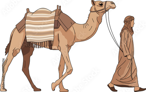 A man in traditional desert robes leading a saddled dromedary camel by a rope.