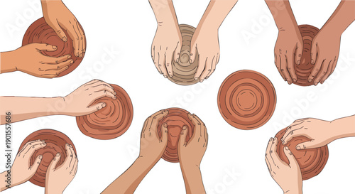 Hands Shaping Clay Pots in Circle.