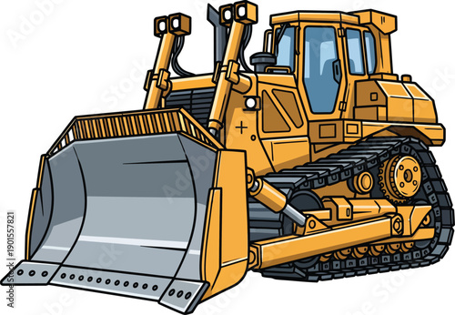 A powerful yellow cartoon bulldozer with a large steel blade and heavyduty caterpillar tracks.