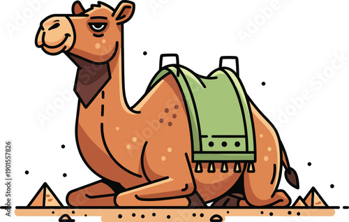 A sleepy brown cartoon dromedary camel with a green saddle resting with a smug expression.