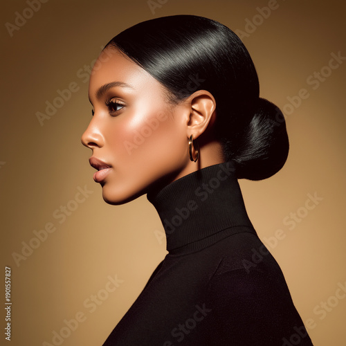 Profile portrait of a young African woman with sleek black hair styled in a bun, wearing a high-neck black sweater against a warm, neutral background