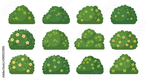 Diverse Collection of Stylized Green Bushes and Floral Shrubs for Design Projects