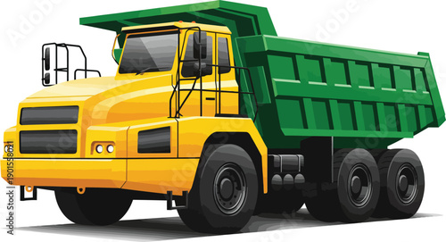 A vibrant yellow and green heavyduty industrial dump truck with large black wheels.